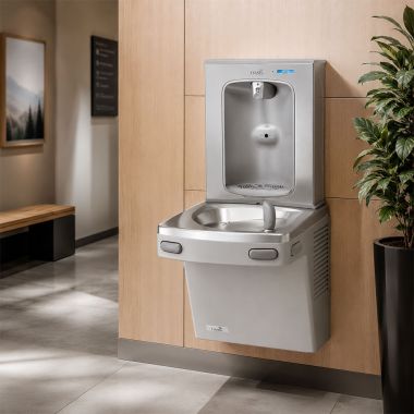 Click here to see Oasis 507111 Oasis VersaCooler II Single Drinking Fountain w/ QUASAR Electronic Bottle Filler, Dual Filtration, Non-Refrigerated, Greystone - PGF2EBQ (507111)