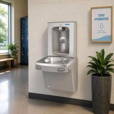 Click here to see Oasis 507114 Oasis VersaCooler II Single Drinking Fountain w/ QUASAR Electronic Bottle Filler, Dual Filtration, Refrigerated, 8 GPH, Greystone - PG8F2EBQ (507114)