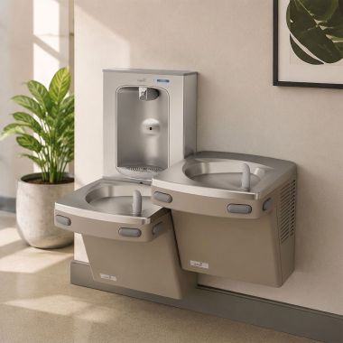 Click here to see Oasis 507118 Oasis Versacooler Bi-Level Drinking Fountain w/ Quasar Electronic Bottle Filler, Non-Refrigerated, Sandstone - PGF2EBQSL (507118)