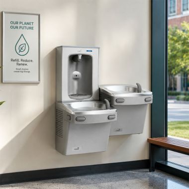 Click here to see Oasis 507120 Oasis Versacooler Bi-Level Drinking Fountain w/ Quasar Electronic Bottle Filler, Refrigerated, Greystone - PG8F2EBQSL (507120)