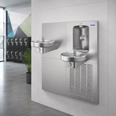 Click here to see Oasis 507175 Oasis Radii Bi-Level Drinking Fountain with Aqua Pointe Electronic Bottle Filler, Refrigerated, 12 GPH, Stainless Steel - M12CREBF (507175)
