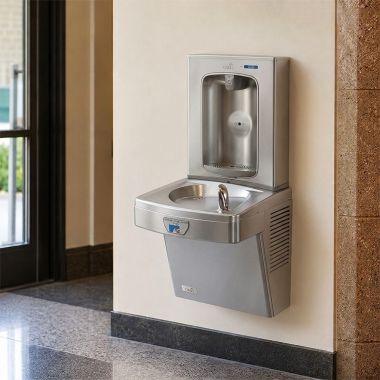 Click here to see Oasis 507274 Oasis VersaCooler II Single Contactless Drinking Fountain w/ QUASAR Electronic Bottle Filler, Non-Refrigerated, Stainless Steel - PGEBQT (507274)