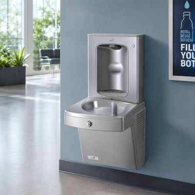 Click here to see Oasis 507314 Oasis VersaCooler II Single Drinking Fountain w/ Mechanical Bottle Filler, Non-Refrigerated, Stainless Steel - PGVSBF (507314)