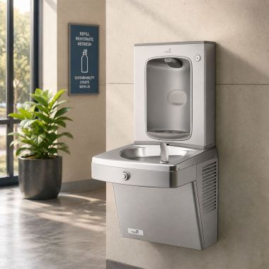 Click here to see Oasis 507316 Oasis VersaCooler II Single Drinking Fountain w/ Mechanical Bottle Filler, Non-Refrigerated, Stainless Steel - PGVFSBF (507316)