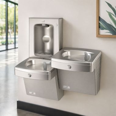 Click here to see Oasis 507327 Oasis VersaCooler II Bi-Level Drinking Fountain w/ Mechanical Bottle Filler, Non-Refrigerated, Stainless Steel - PGVSBFSL (507327)