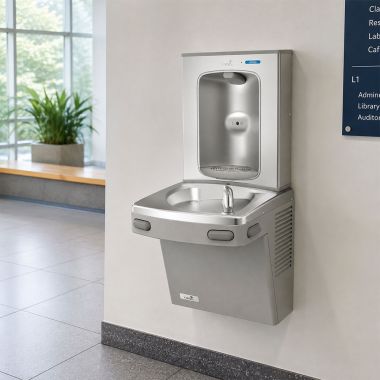 Click here to see Oasis 507332 Oasis VersaCooler II Single Drinking Fountain w/ Electronic Bottle Filler, Vandal Resistant Bubbler, Refrigerated, 8 GPH, Greystone - PG8EBF-BRB (507332)