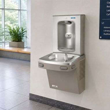 Click here to see Oasis 507333 Oasis VersaCooler II Single Drinking Fountain w/ Electronic Bottle Filler, Vandal Resistant Bubbler, Refrigerated, 8 GPH, Sandstone - PG8EBF-BRB (507333)