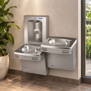 Click here to see Oasis 507334 Oasis VersaCooler II Bi-Level Drinking Fountain w/ Electronic Bottle Filler, Vandal Resistant Bubbler, Refrigerated, 8 GPH, Greystone - PG8EBFSL BRB (507334)