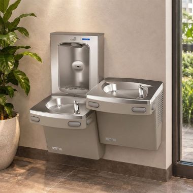 Click here to see Oasis 507335 Oasis VersaCooler II Bi-Level Drinking Fountain w/ Electronic Bottle Filler, Vandal Resistant Bubbler, Refrigerated, 8 GPH, Sandstone - PG8EBFSL BRB (507335)