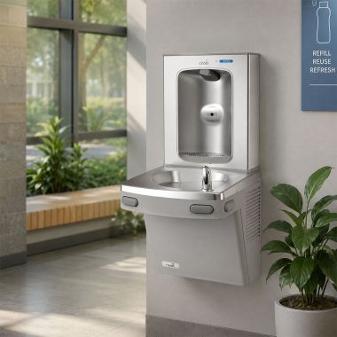 Click here to see Oasis 507336 Oasis VersaCooler II Single Drinking Fountain w/ Vandal Resistant Bubbler, Electronic Bottle Filler, Non-Refrigerated, Greystone - PGEBF BRB (507336)