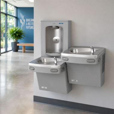 Click here to see Oasis 507339 Oasis VersaCooler II Bi-Level Drinking Fountain w/ Electronic Bottle Filler, Vandal Resistant Bubbler, Non-Refrigerated, Greystone - PGEBFSL BRB (507339)