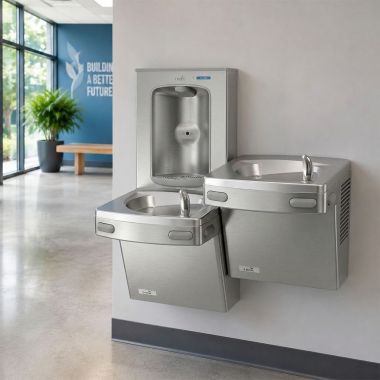 Click here to see Oasis 507341 Oasis VersaCooler II Bi-Level Drinking Fountain w/ Electronic Bottle Filler, Vandal Resistant Bubbler, Non-Refrigerated, Stainless Steel - PGEBFSL BRB (507341)