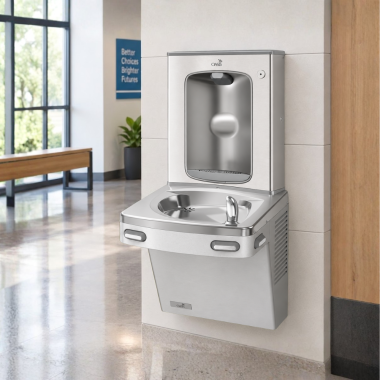 Click here to see Oasis 507342 Oasis VersaCooler II Single Drinking Fountain w/ Mechanical Bottle Filler, Vandal Resistant Bubbler, Refrigerated, 8 GPH, Greystone - PG8SBF-BRB (507342)