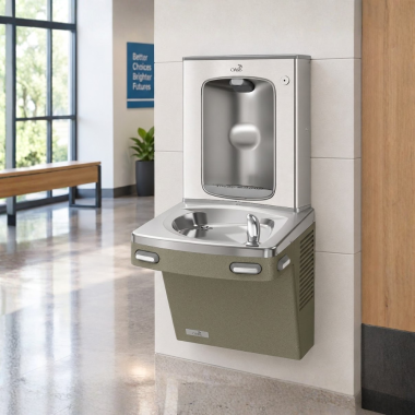 Click here to see Oasis 507343 Oasis VersaCooler II Single Drinking Fountain w/ Mechanical Bottle Filler, Vandal Resistant Bubbler, Refrigerated, 8 GPH, Sandstone - PG8SBF-BRB (507343)