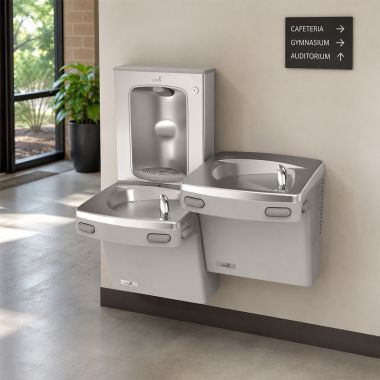 Click here to see Oasis 507382 Oasis VersaCooler II Bi-Level Drinking Fountain w/ Mechanical Bottle Filler, Vandal Resistant Bubbler, Non-Refrigerated, Greystone - PGSBFSL BRB (507382)