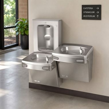Click here to see Oasis 507384 Oasis VersaCooler II Bi-Level Drinking Fountain w/ Mechanical Bottle Filler, Vandal Resistant Bubbler, Non-Refrigerated, Stainless Steel - PGSBFSL BRB (507384)