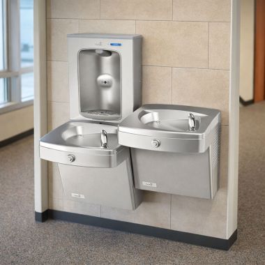 Click here to see Oasis 507387 Oasis VersaCooler II Bi-Level Drinking Fountain w/ Electronic Bottle Filler, Vandal-Resistant, Refrigerated, 8 GPH, Stainless Steel - PGV8EBFSL-BRB (507387)