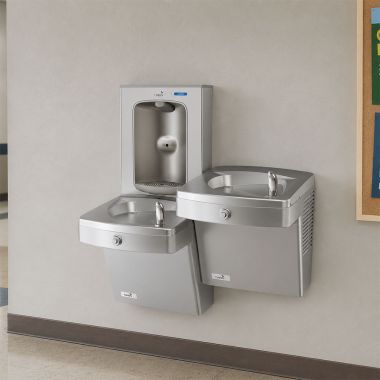 Click here to see Oasis 507388 Oasis VersaCooler II Bi-Level Drinking Fountain w/ Electronic Bottle Filler, Non-Refrigerated, Stainless Steel - PGVEBFSL-BRB (507388)