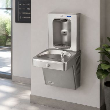 Click here to see Oasis 507389 Oasis VersaCooler II 14 Gauge Vandal Resistant Single Drinking Fountain w/ Electronic Bottle Filler, Refrigerated, 8 GPH, Stainless Steel - PGV8EBF-14G (507389)