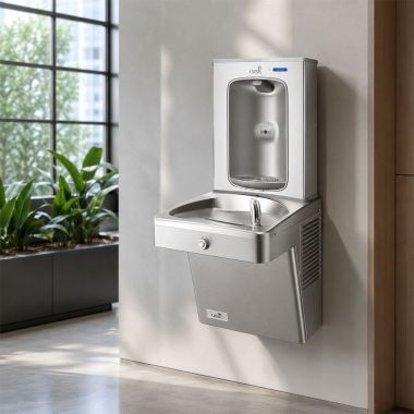 Click here to see Oasis 507390 Oasis VersaCooler II 14 Gauge Vandal Resistant Single Drinking Fountain w/ Electronic Bottle Filler, Non-Refrigerated, Stainless Steel - PGVEBF-14G (507390)