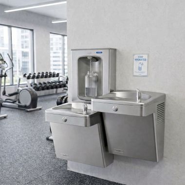 Click here to see Oasis 507391 Oasis VersaCooler II 14 Gauge Vandal Resistant Split Level Drinking Fountain w/ Contactless Bottle Filler, 8 GPH, Stainless Steel - PGV8EBFSL-14G (507391)