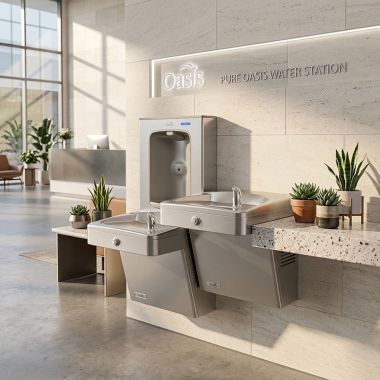 Click here to see Oasis 507392 Oasis VersaCooler II 14 Gauge Split Level Drinking Fountain w/ Electronic Bottle Filler, Non-Refrigerated, Stainless Steel - PGVEBFSL-14G (507392)