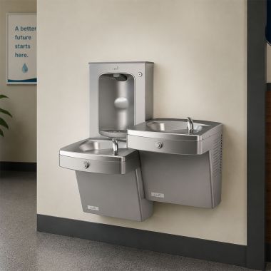Click here to see Oasis 507395 Oasis VersaCooler II Bi-Level Drinking Fountain w/ Mechanical Bottle Filler, Non-Refrigerated, Stainless Steel - PGVSBFSL-BRB (507395)
