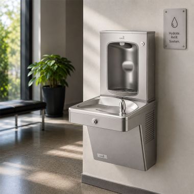 Click here to see Oasis 507397 Oasis VersaCooler II 14 Gauge Single Drinking Fountain w/ Mechanical Bottle Filler, Non-Refrigerated, Stainless Steel - PGVSBF-14G (507397)