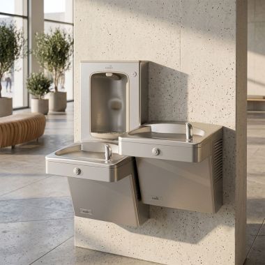 Click here to see Oasis 507398 Oasis VersaCooler II 14 Gauge Split Level Drinking Fountain w/ Mechanical Bottle Filler, Refrigerated, 8 GPH, Stainless Steel - PGV8SBFSL-14G (507398)