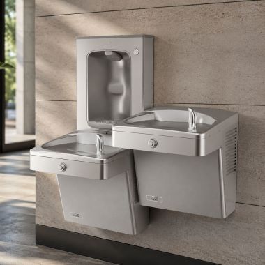 Click here to see Oasis 507399 Oasis VersaCooler II 14 Gauge Split Level Drinking Fountain w/ Mechanical Bottle Filler, Non-Refrigerated, Stainless Steel - PGVSBFSL-14G (507399)
