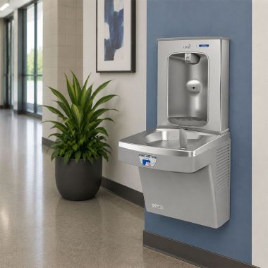 Click here to see Oasis 507429 Oasis VersaCooler II Single Contactless Drinking Fountain w/ QUASAR Electronic Bottle Filler, Refrigerated, 8 GPH, Greystone - PG8EBQT (507429)