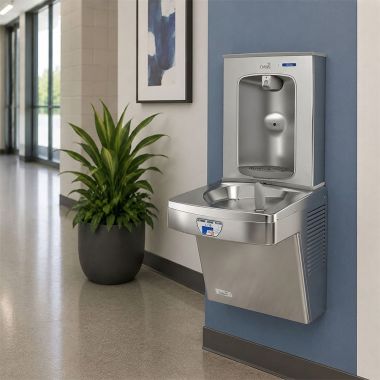 Click here to see Oasis 507431 Oasis VersaCooler II Single Contactless Drinking Fountain w/ QUASAR Electronic Bottle Filler, Refrigerated, 8 GPH, Stainless Steel - PG8EBQT (507431)
