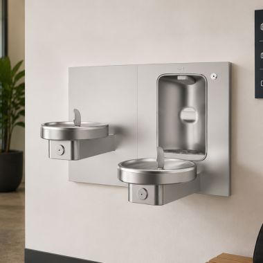 Click here to see Oasis 507440 Oasis Radii Modular Bi-Level Drinking Fountain w/ Aqua Pointe Mechanical Bottle Filler, Non-Refrigerated, Stainless Steel - MMRSLSBF (507440)
