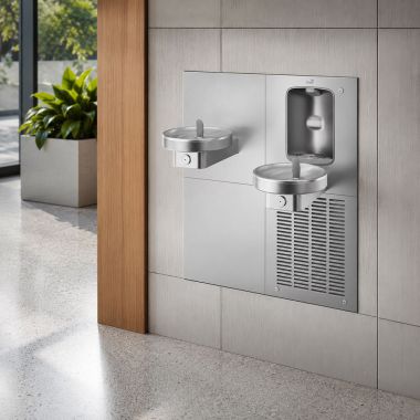 Click here to see Oasis 507445 Oasis Radii Modular Bi-Level Drinking Fountain w/ Aqua Pointe Mechanical Bottle Filler, Refrigerated, 12 GPH, Stainless Steel - M12CRSBF (507445)