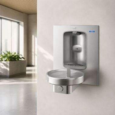 Click here to see Oasis 507455 Oasis Radii Modular Drinking Fountain w/ Aqua Pointe Electronic Bottle Filler, Non-Refrigerated, Stainless Steel - M140REBF (507455)
