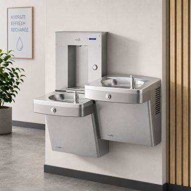 Click here to see Oasis 507572 Oasis Bi-Level Drinking Fountain w/ Electro-Mechanical Bottle Filler, Non-Refrigerated, Stainless Steel - PGVSVBFSL (507572)