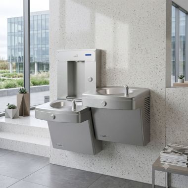 Click here to see Oasis 507573 Oasis Bi-Level Drinking Fountain w/ Electro-Mechanical Bottle Filler, Refrigerated, 8 GPH, Stainless Steel - PGV8SVBFSL (507573)