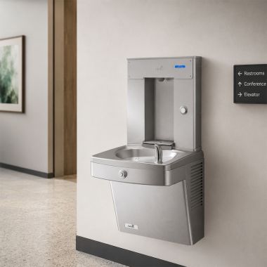 Click here to see Oasis 507574 Oasis Single Outdoor Drinking Fountain w/ Electro-Mechanical Bottle Filler, Non-Refrigerated, Stainless Steel - PGVDSVDBF (507574)