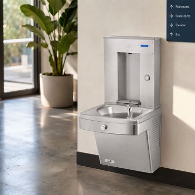 Click here to see Oasis 507575 Oasis Single Outdoor Drinking Fountain w/ Electro-Mechanical Bottle Filler, Refrigerated, 8 GPH, Stainless Steel -  PGVD8SVDBF (507575)