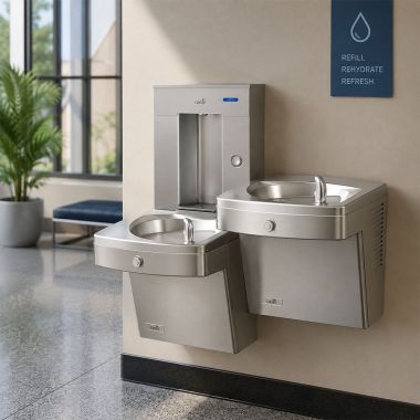 Click here to see Oasis 507576 Oasis Bi-Level Outdoor Drinking Fountain w/ Electro-Mechanical Bottle Filler, Non-Refrigerated, Stainless Steel - PGVDSVDBFSL (507576)