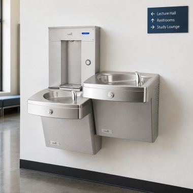 Click here to see Oasis 507577 Oasis Bi-Level Outdoor Drinking Fountain w/ Electro-Mechanical Bottle Filler, Refrigerated, 8 GPH, Stainless Steel -  PGVD8SVDBFSL (507577)