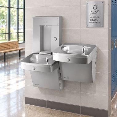 Click here to see Oasis 507581 Oasis Bi-Level Drinking Fountain w/ Mechanical Bottle Filler, Non-Refrigerated, Stainless Steel - PGVMVBFSL (507581)