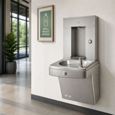 Click here to see Oasis 507582 Oasis Single Outdoor Drinking Fountain w/ Mechanical Bottle Filler, Non-Refrigerated, Stainless Steel - PGVDMVDBF (507582)
