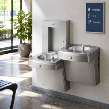 Click here to see Oasis 507583 Oasis Bi-Level Outdoor Drinking Fountain w/ Mechanical Bottle Filler, Non-Refrigerated, Stainless Steel - PGVDMVDBFSL (507583)