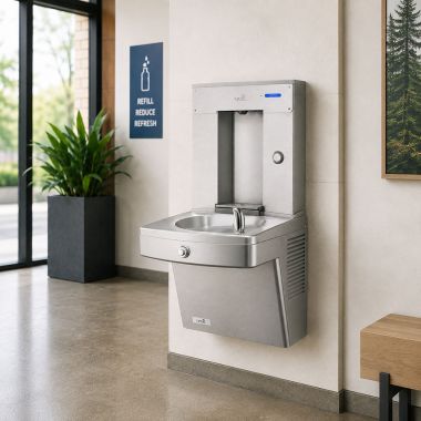 Click here to see Oasis 507636 Oasis Single Drinking Fountain w/ Electro-Mechanical Bottle Filler, Filtered, Refrigerated, 8 GPH, Stainless Steel - PGVD8FSVDBF (507636)
