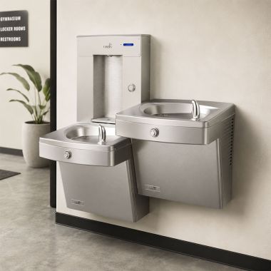 Click here to see Oasis 507638 Oasis Bi-Level Drinking Fountain w/ Electro-Mechanical Bottle Filler, Filtered, Refrigerated, 8 GPH, Stainless Steel - PGVD8FSVDBFSL (507638)