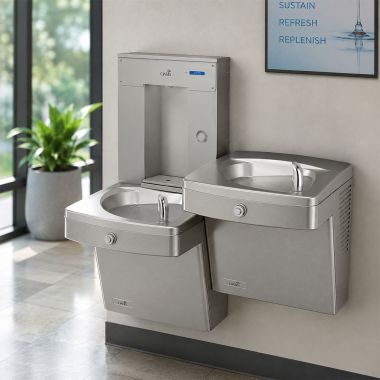 Click here to see Oasis 507639 Oasis Bi-Level Drinking Fountain w/ Electro-Mechanical Bottle Filler, Filtered, Non-Refrigerated, Stainless Steel - PGVDFSVDBFSL (507639)