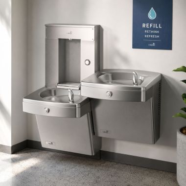 Click here to see Oasis 507641 Oasis Bi-Level Drinking Fountain w/ Mechanical Bottle Filler, Filtered, Non-Refrigerated, Stainless Steel - PGVDFMVDBFSL (507641)