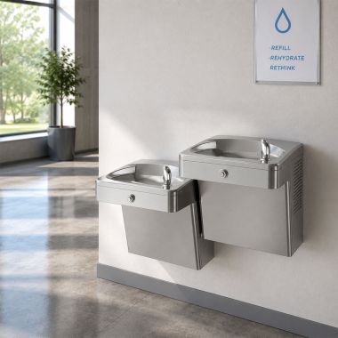 Click here to see Oasis 507648 Oasis VersaCooler II Outdoor Rated Bi-Level Drinking Fountain, Filtered, Non-Refrigerated, Stainless Steel - PGVDFACSL-14G (507648)