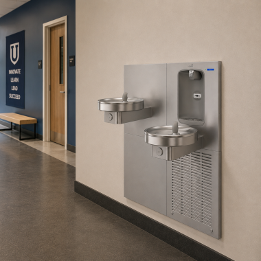 Click here to see Oasis 507650 Oasis Radii Bi-Level Drinking Fountain with QUASAR Electronic Bottle Filler, Refrigerated, 8 GPH, Stainless Steel - M8CREBQ (507650)